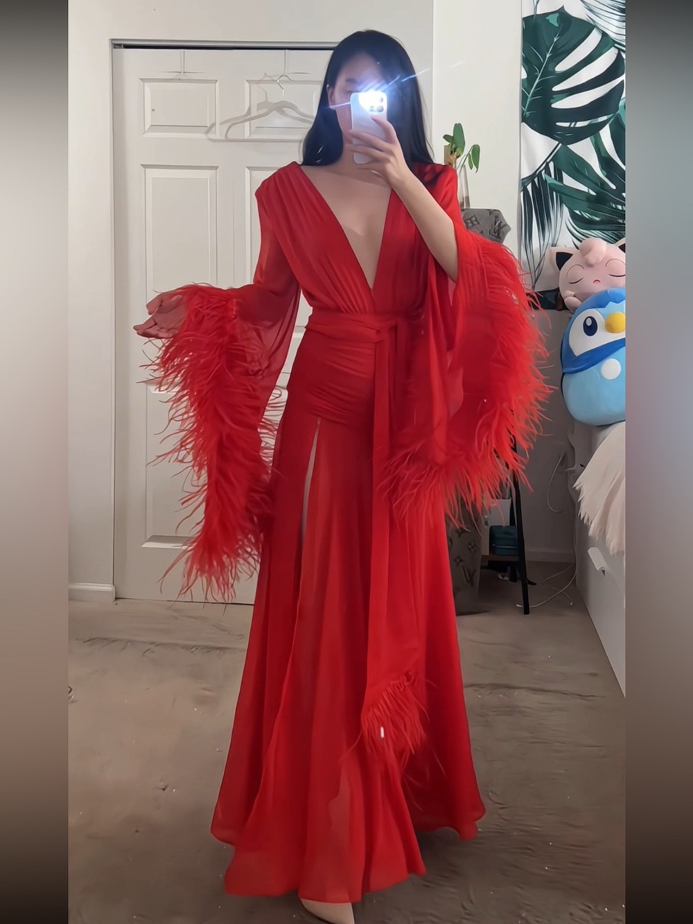 Bronx & Banco Geisha Ostrich Feather Trimmed Plunge High Slit Wrap Gown M NWOT - Picture 6 of 16